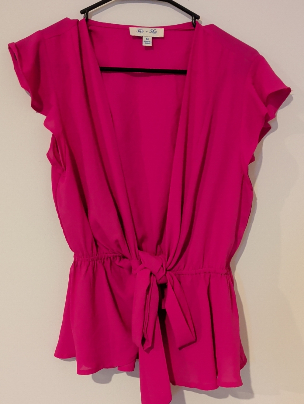 She + Sky Hot Pink Tie-Front Flutter Sleeve Blouse